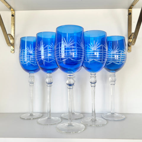Set of 6 Large Blue Wine Glasses