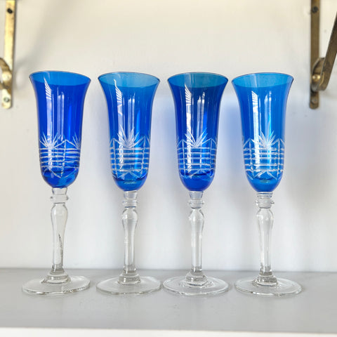 Set of 4 Blue Glass Champagne Flutes