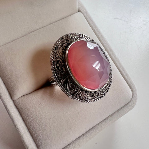 Rose Pink Quartz Sterling Sajen Ring