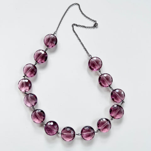 Deco Purple Glass Bead Necklace on Sterling Chain