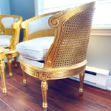 French Louis XVI Giltwood Double Cane Salon Chair Set with Table