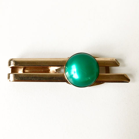 Gold Tone with Green Stone Vintage Tie Clip