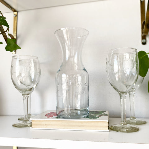 Etched Glass Carafe and Wine Glasses
