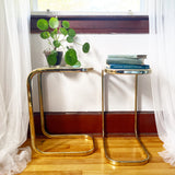 Set of 2 Brass and Glass Cantilever Side Tables