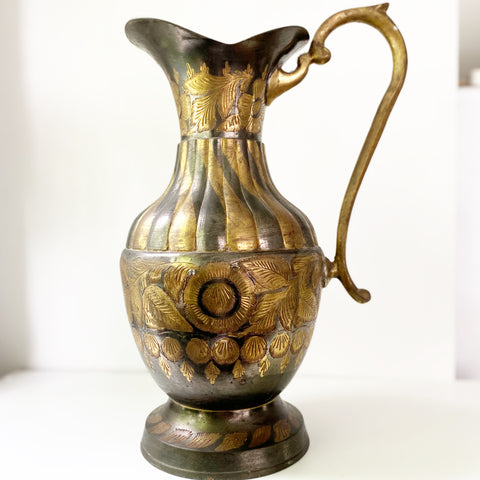 Large Brass and Black Etched Pitcher
